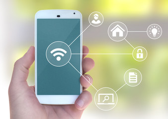 Modern mobile smart phone connecting to wifi automation apps in