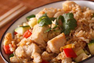 Japanese fried rice Tyahan with chicken in a bowl macro. horizontal
