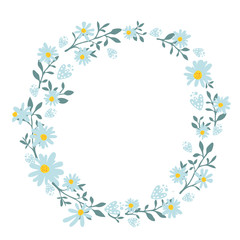 Hand drawn spring wreath with camomile flowers. Round frame for cards and wedding invitations, spring sale banners and summer offers. Vector round border with copyspace