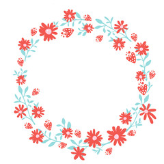 Obraz na płótnie Canvas Floral wreath, spring hand drawn frame with copyspace. Nature inspired garland with red flowers. Vector design for cards and wedding invitations