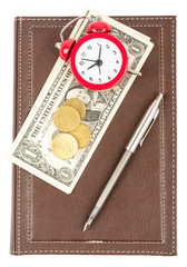 Leather daily planner with cash and alarm clock
