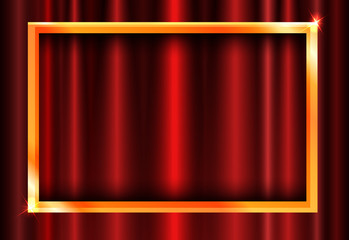Gold frame on red curtain with space for text for your design