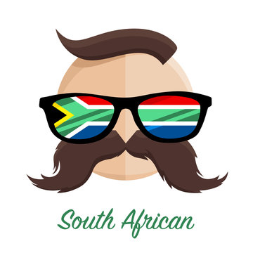 South African hipster man with flag glasses and mustache / moustache. Vector illustration.