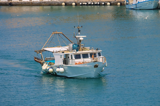 Small boat in the waters of the Tyrrhenian Sea, Elba Island, Tus