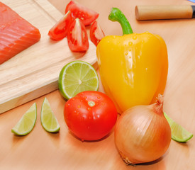 pepper, onion, tomato and lime