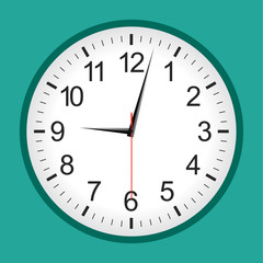Flat style green analogue clock .Vector illustration.