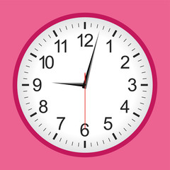 Flat style pink analogue clock .Vector illustration.