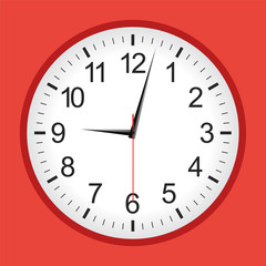 Flat style red analogue clock .Vector illustration.