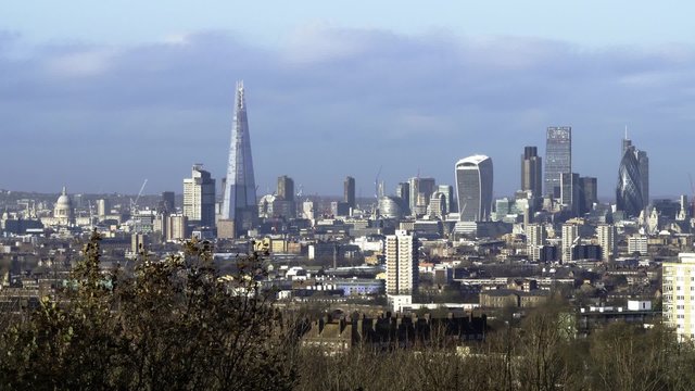 Timelapse aerial view of the skyline of the City of London from South London
