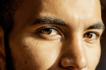 Man's brown eyes looking into the camera