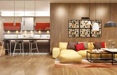 Modern living room with the kitchen