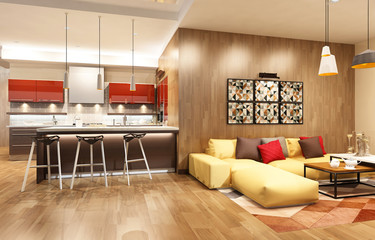 Modern living room with the kitchen