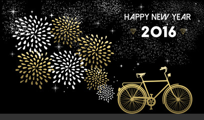 New Year 2016 bike gold firework night star - obrazy, fototapety, plakaty