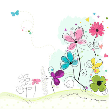 Spring time abstract colorful doodle flowers background vector