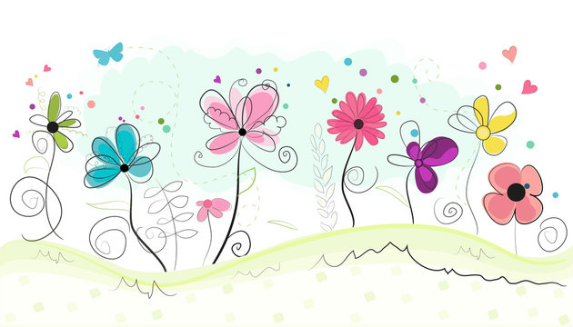 Spring time abstract colorful doodle flowers vector background
