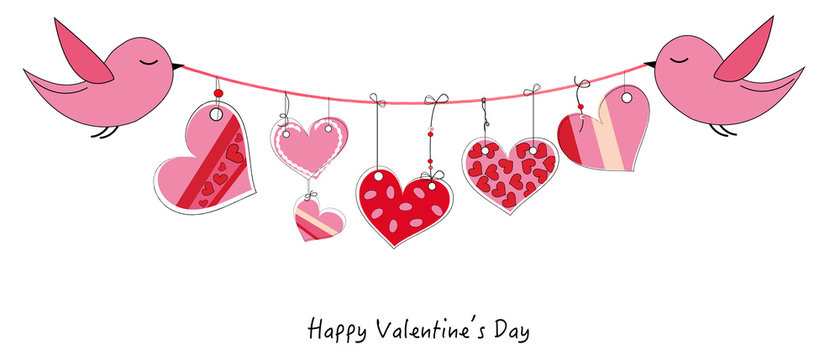 Happy Valentine's Day card with birds hanging doodle heart vector background