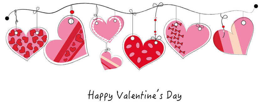 Happy Valentine's Day card with hanging doodle heart vector background