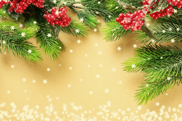 Fototapeta na wymiar Christmas fir tree branches with rowan on paper background