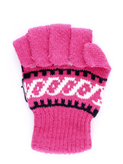 close up pink winter glove gesturing clenched fist sign for fight symbol isolated on white...