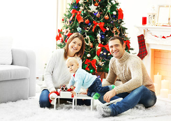 Christmas family portrait in home holiday living room