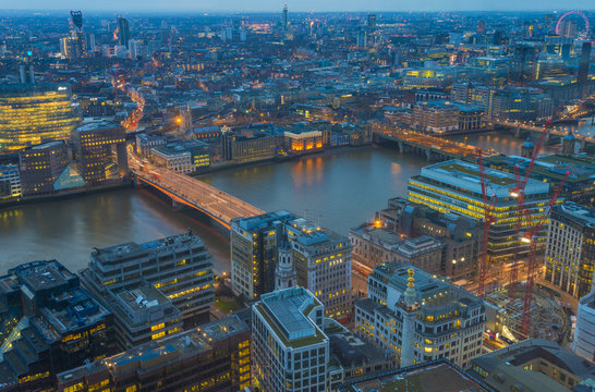 View Of London Cityscape From Above At Dusk 