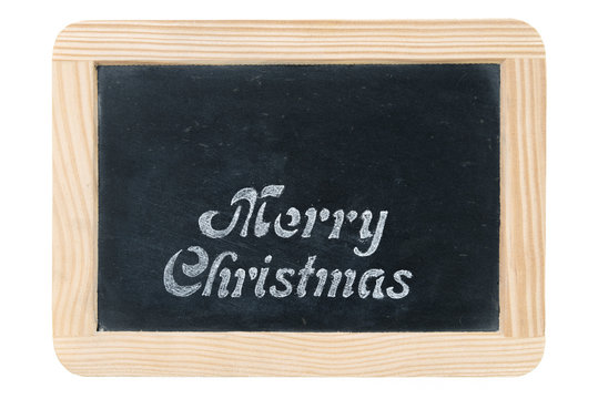 Wooden frame vintage chalkboard with Merry Christmas message, isolated on white