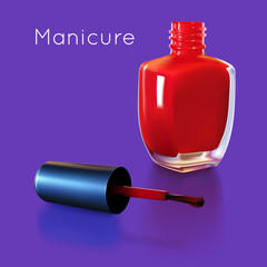 Realistic red nail polish bottle with wet brush design on purple background. Vector illustration..