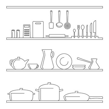 Shelves with kitchenware. Linear.