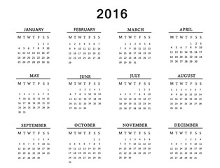 Calendar for 2016 on white background.