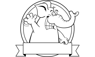 Black and white illustration of an elephant with a banner sign.