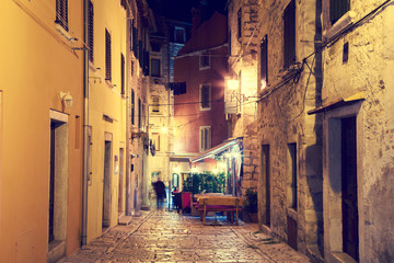 Obraz premium Street of Mediterranean Town Rovinj in Istria, Croatia at Night