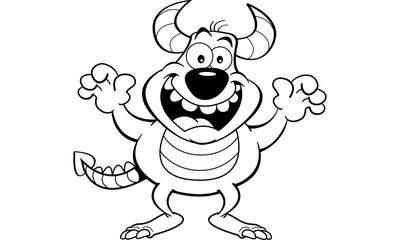 Black and white illustration of a grinning monster.