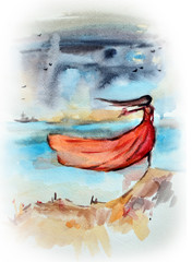 Lady in red dress near the sea. Hand-draw watercolor painting.