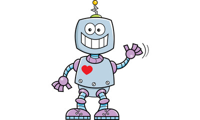 Cartoon illustration of a smiling robot waving.