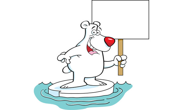 Cartoon illustration of a polar bear holding a sign.
