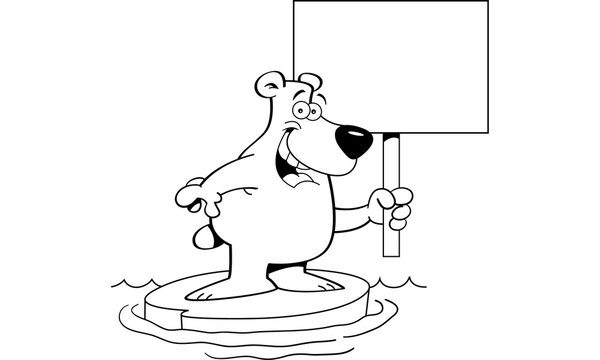 Black and white illustration of a polar bear holding a sign.