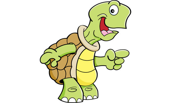 Cartoon illustration of a happy turtle pointing.