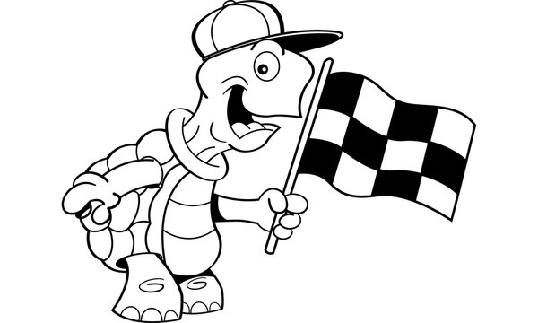 recommend clip art: Black and white illustration of a turtle waving a checkered flag.