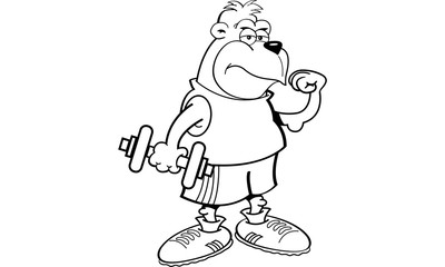 Black and white illustration of a gorilla holding a dumbbell.