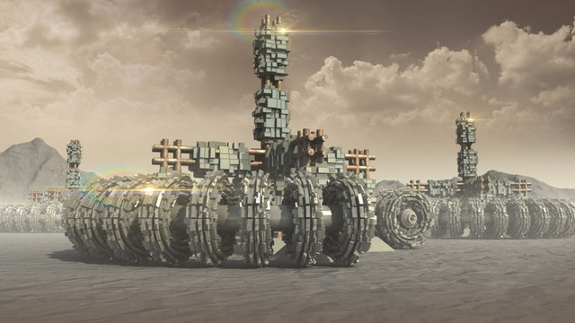 Fantasy transports and architecture on a red planet with circular wheels, pods and crates for planetary exploration or science fiction backgrounds