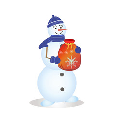 Joyful Snowman with gift in hands isolated on white background. Vector illustration.
