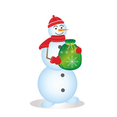Joyful Snowman with gift in hands isolated on white background. Vector illustration.