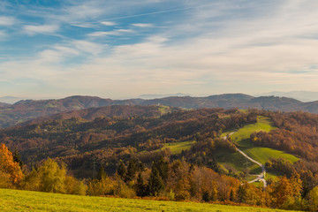 Rolling hills of Slovenia, view from Jance village towards Prezganje.