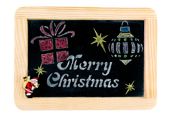Wooden frame vintage chalkboard with Merry Christmas message and Santa, hand drawing symbols