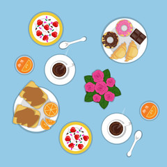 Vector flat romantic breakfast for two persons. Set of bakery products, croissants, donuts, chocolate, oranges, peanut sandwich, strawberry, cereal, sweets, fruits, coffee and flowers in pot. Top view