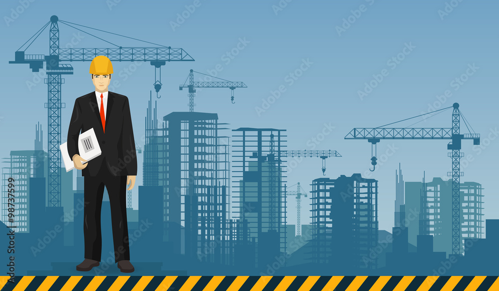 Poster builder man manager worker on the constructions buildings background. construction and building prof