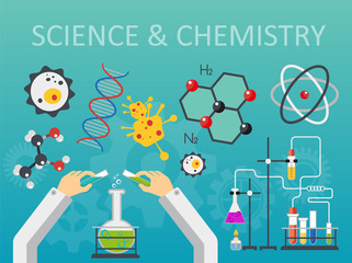 Chemical laboratory science and technology flat style design vector illustration. Scientists hands workplace concept