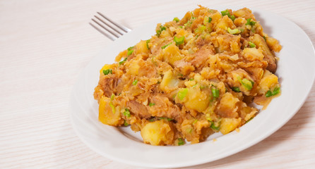 stewed meat with potatoes, onion on plate