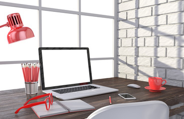 3D illustration laptop and work stuff on table near brick wall, Workspace