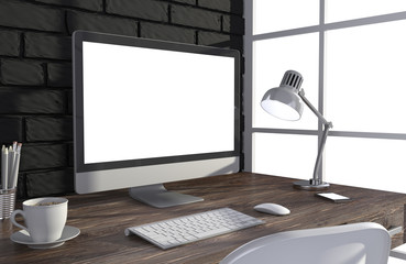Fototapeta premium 3D illustration PC screen on table in office, Workspace
